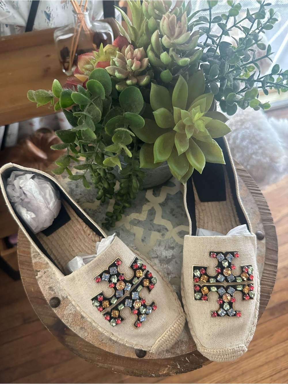 Tory Burch Ines crystal-embellished linen espadrilles 8.5